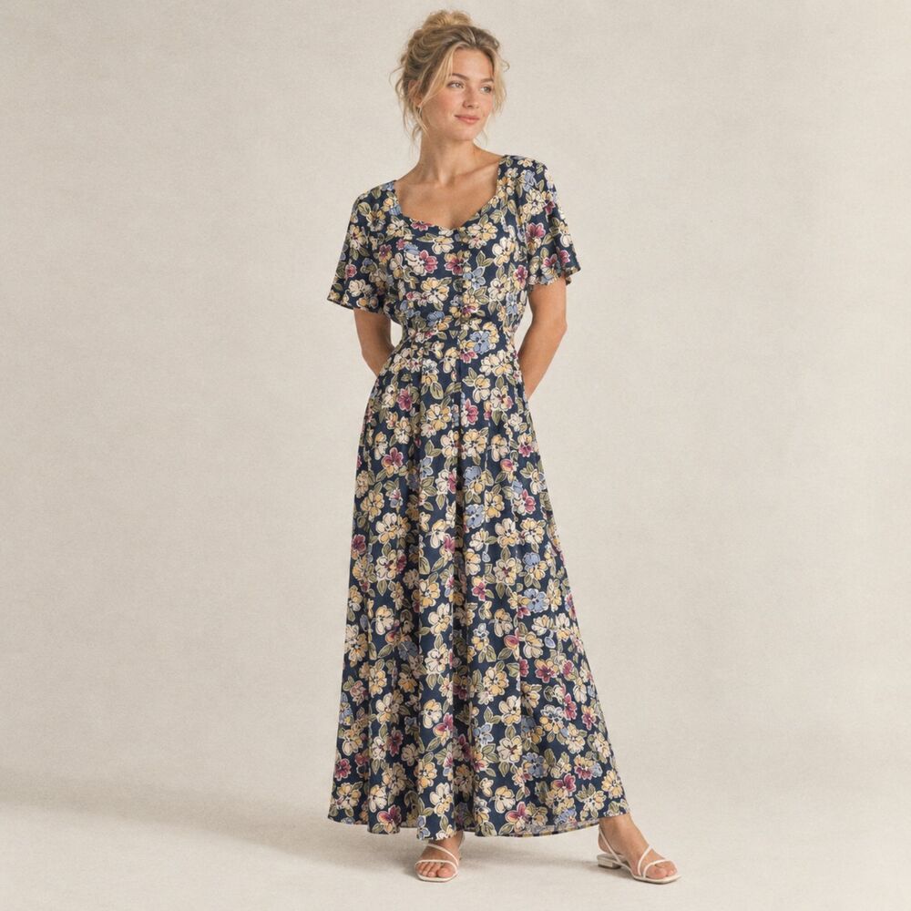 VTG 90s Blue Floral Cap Sleeve Button Front Maxi Dress, S Cottagecore Butter Mom